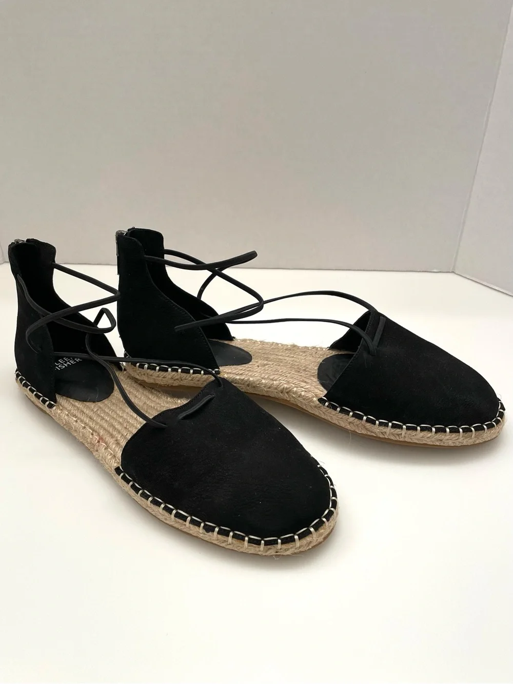 Eileen Fisher Black Nubuck Leather Espadrille Flats 9 Ankle-Wrap Lace Casual NEW